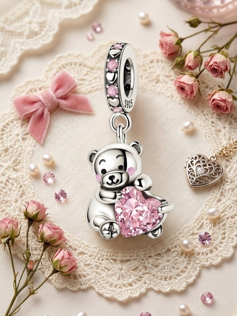 Sterling Silver Teddy Bear Charm with Pink Heart Crystal